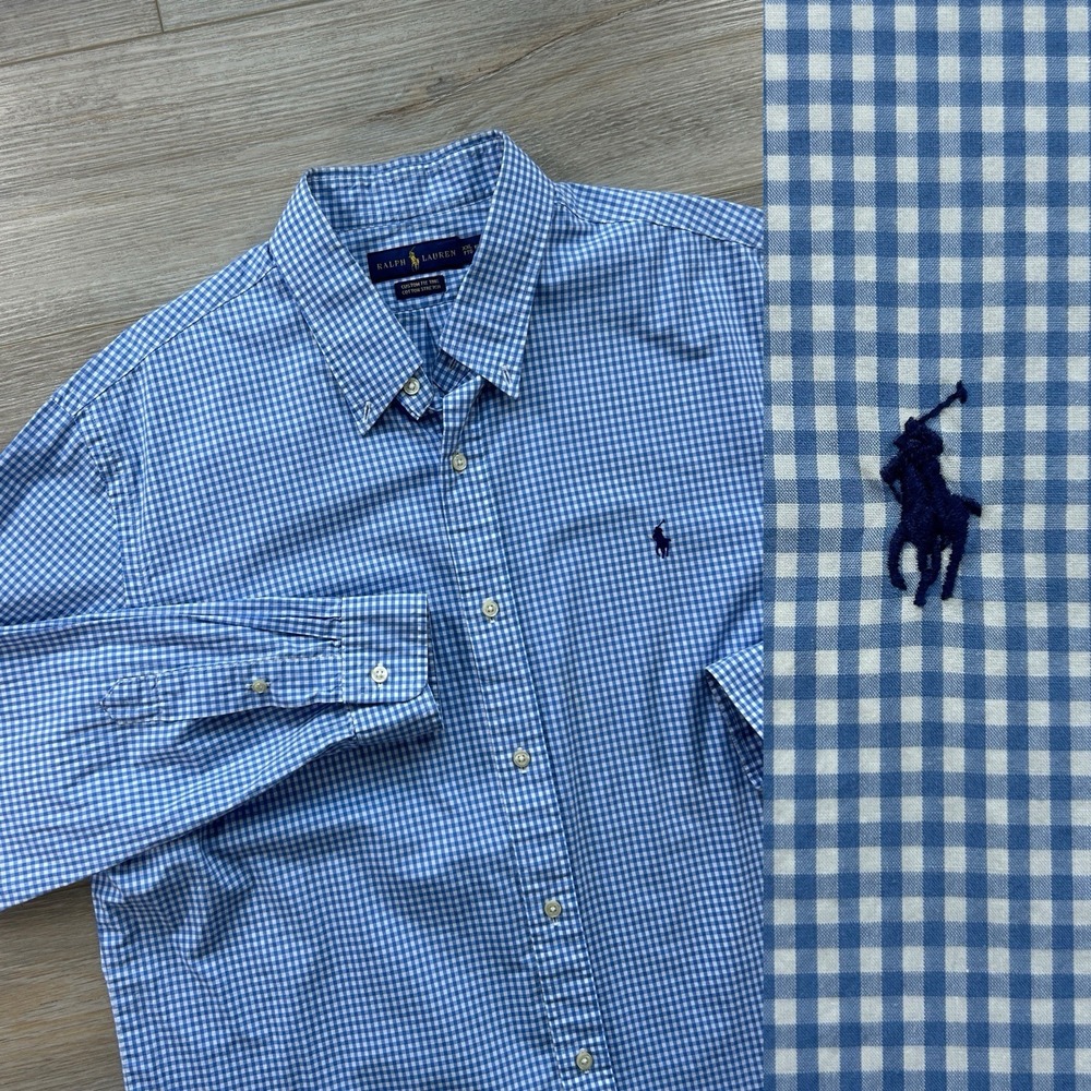Polo Ralph Lauren XXL 18.5 100% Cotton Stretch Button Down Blue Gingham